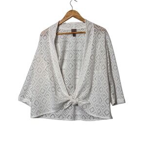 Easywear by Chico's White Diamond Lace Knit Tie Front Cardigan Sweater Size 2